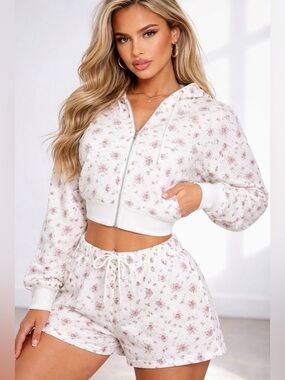 Floral Cropped Zip Hoodie & Shorts Set - White with Pink Roses